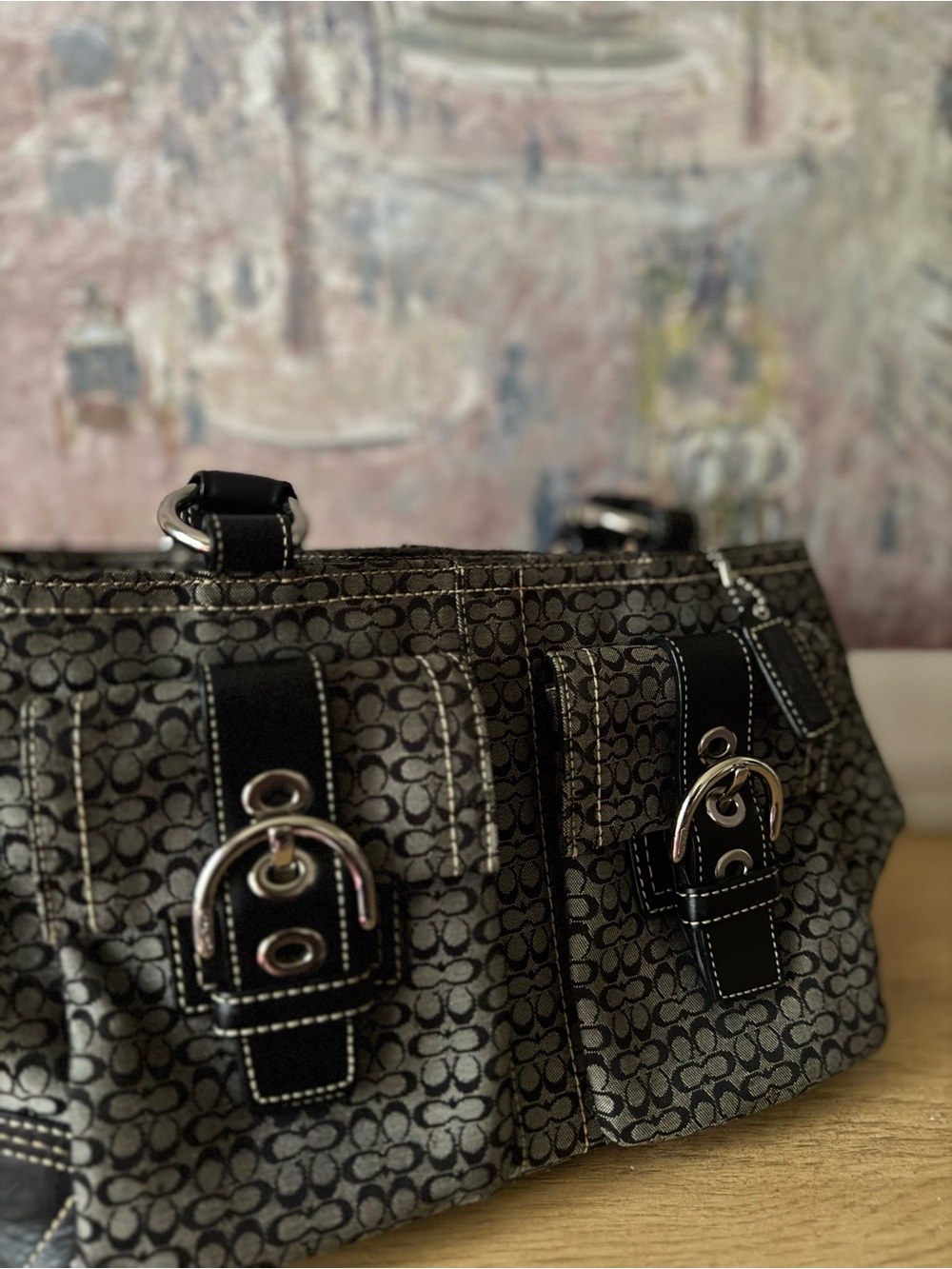 COACH Soho Hobo Signature Black Leather Grey Canvas - Y2K - Picture 6 of 9
